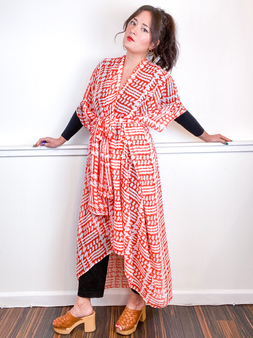 Print High Low Kimono Orange Houndstooth Chiffon