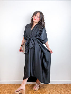Solid High Low Kimono Black Charmeuse
