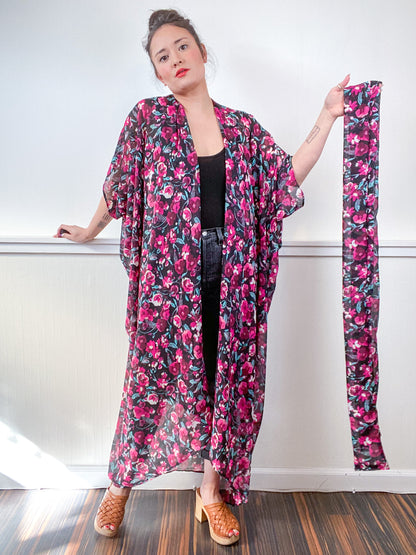 Print High Low Kimono Fuchsia Black Floral Chiffon