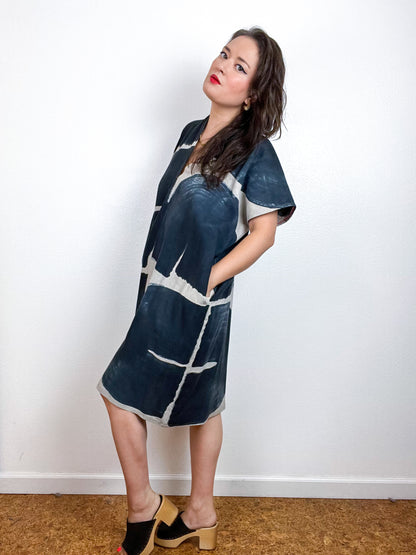 Hand-Dyed Knee Smock Dress Ecru Black Brush