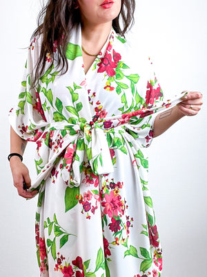 Print High Low Kimono Ivory Red Green Floral Georgette