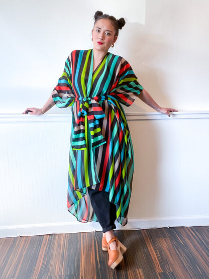 Print High Low Kimono Black Multicolor Stripes Chiffon