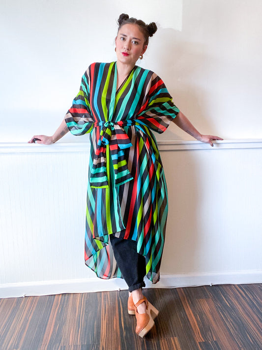 Print High Low Kimono Black Multicolor Stripes Chiffon