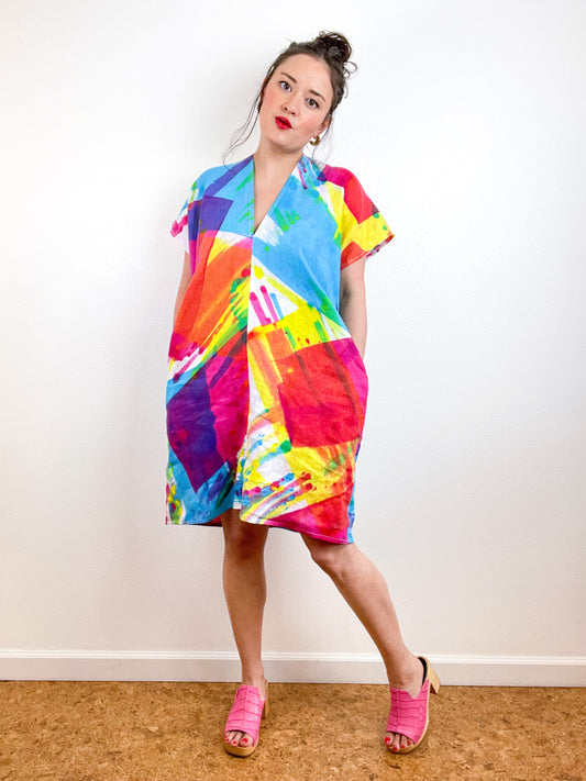Hand-Dyed Linen Mini Smock Dress CMY Prism
