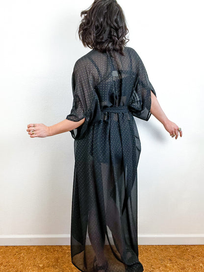 Print High Low Kimono Black Gold Pindot Chiffon