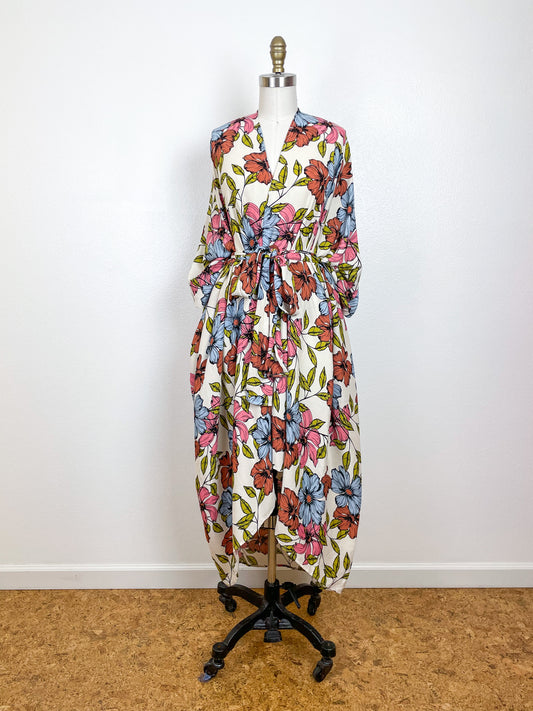 Print High Low Kimono Ivory Pastel Floral Rayon Crepe