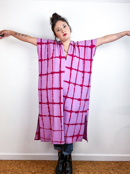 Hand-Dyed Midi Smock Dress Lilac Fuchsia Windowpane