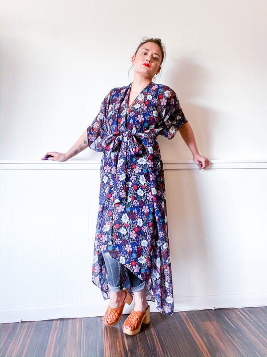 Print High Low Kimono Navy Floral Chiffon