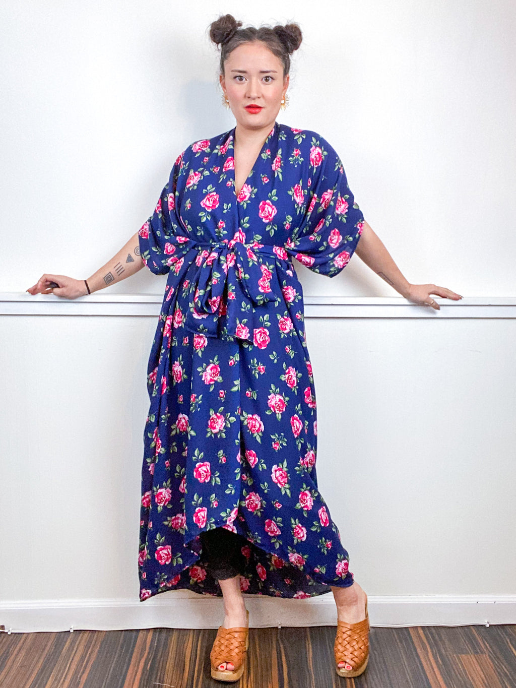 Print High Low Kimono Navy Pink Rose Satin