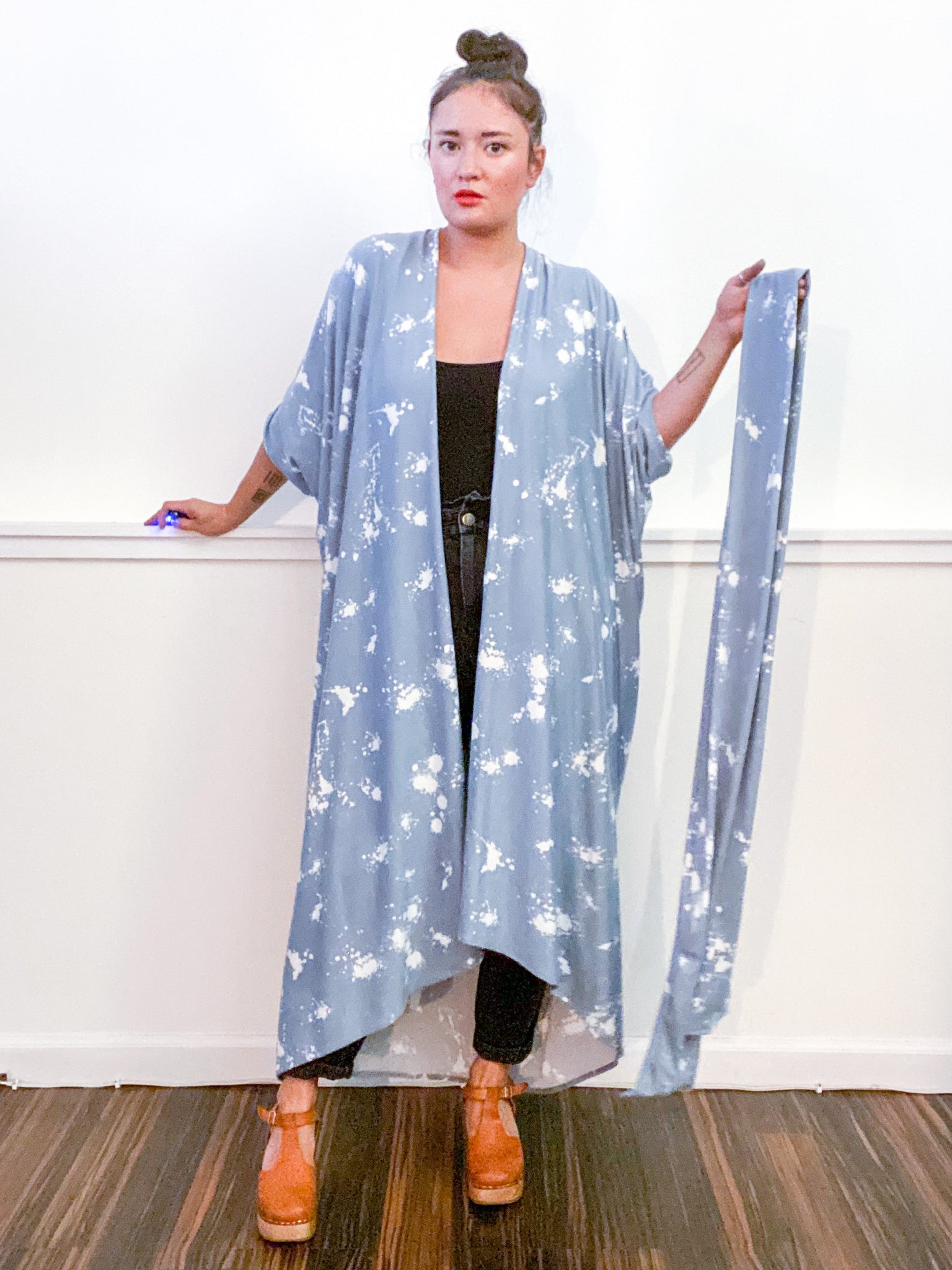 Print High Low Kimono Blue Grey Drops Knit