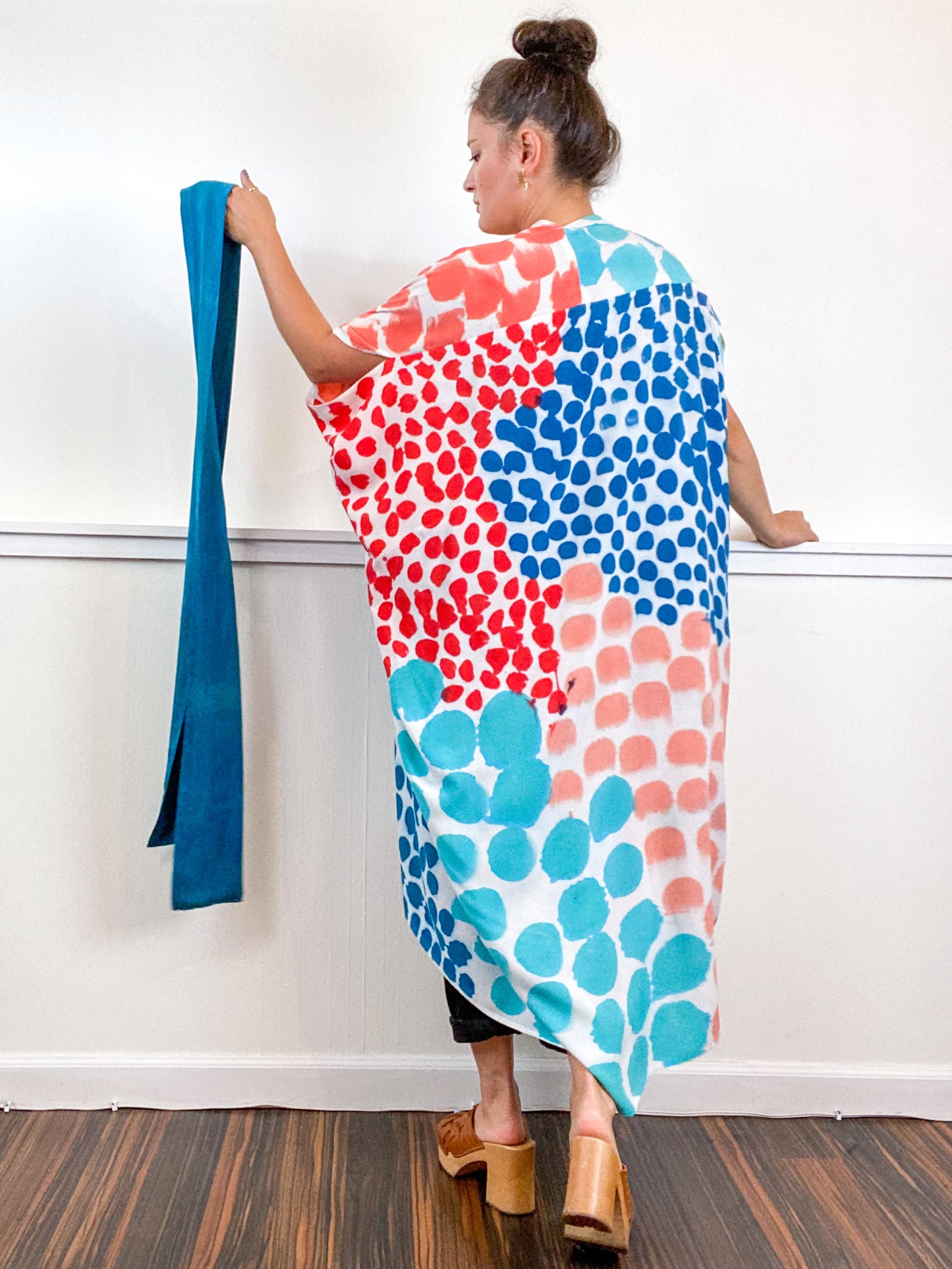 OOAK Hand-Dyed High Low Kimono Coral Parakeet Scarlet Kingfisher Dots
