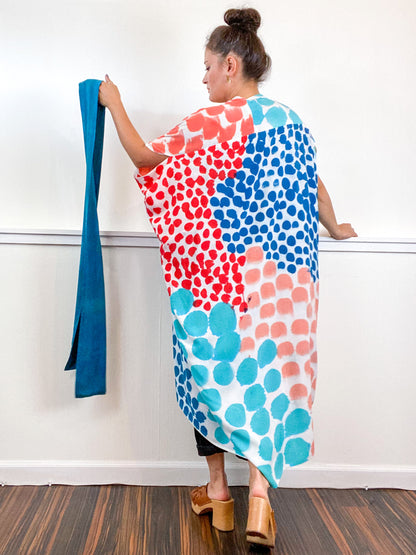 OOAK Hand-Dyed High Low Kimono Coral Parakeet Scarlet Kingfisher Dots