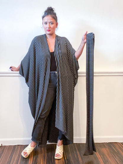 Print High Low Kimono Black Grey Pinstripe Knit