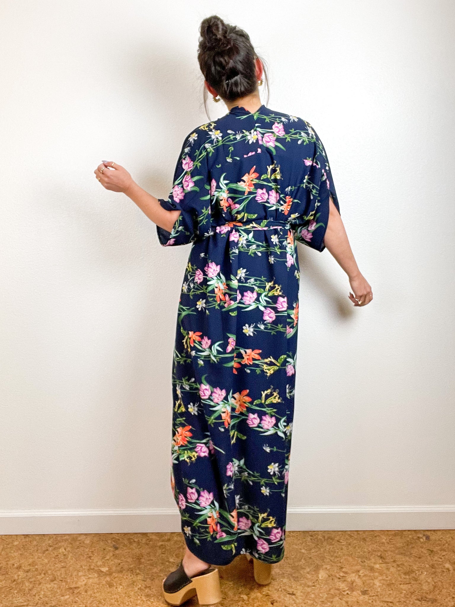 High Low Kimono Navy Wildflower Bubble Crepe