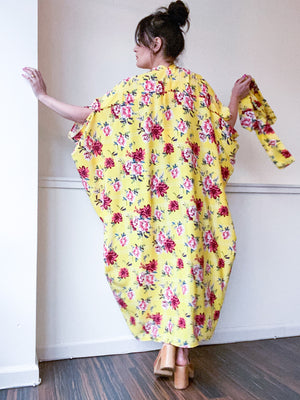 Print High Low Kimono Yellow Grid Floral Rayon Challis