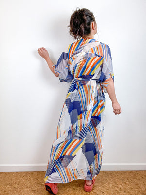 Print High Low Kimono Blue Orange Diagonals Chiffon