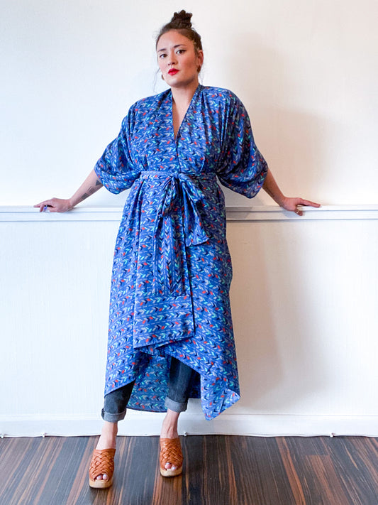 Print High Low Kimono Royal Blue Arrows Crepe de Chine