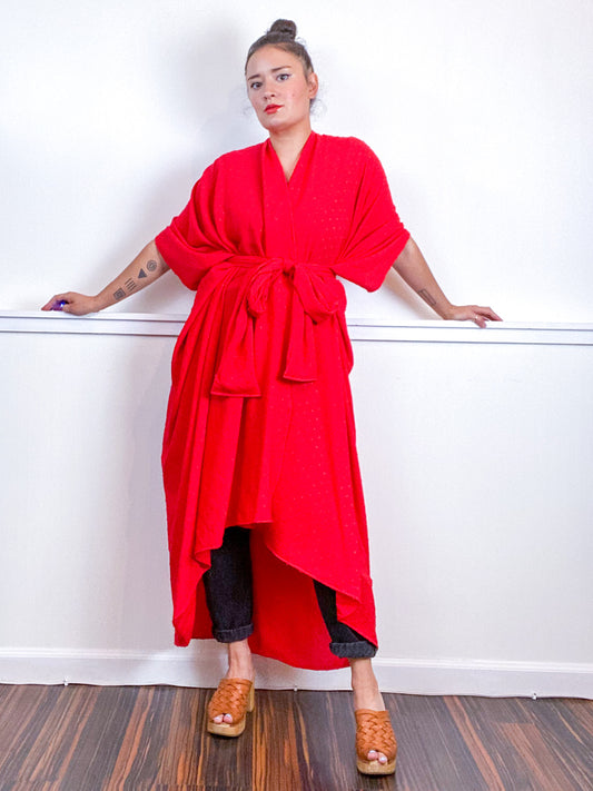 Solid High Low Kimono Red Swiss Dot Crinkle Rayon