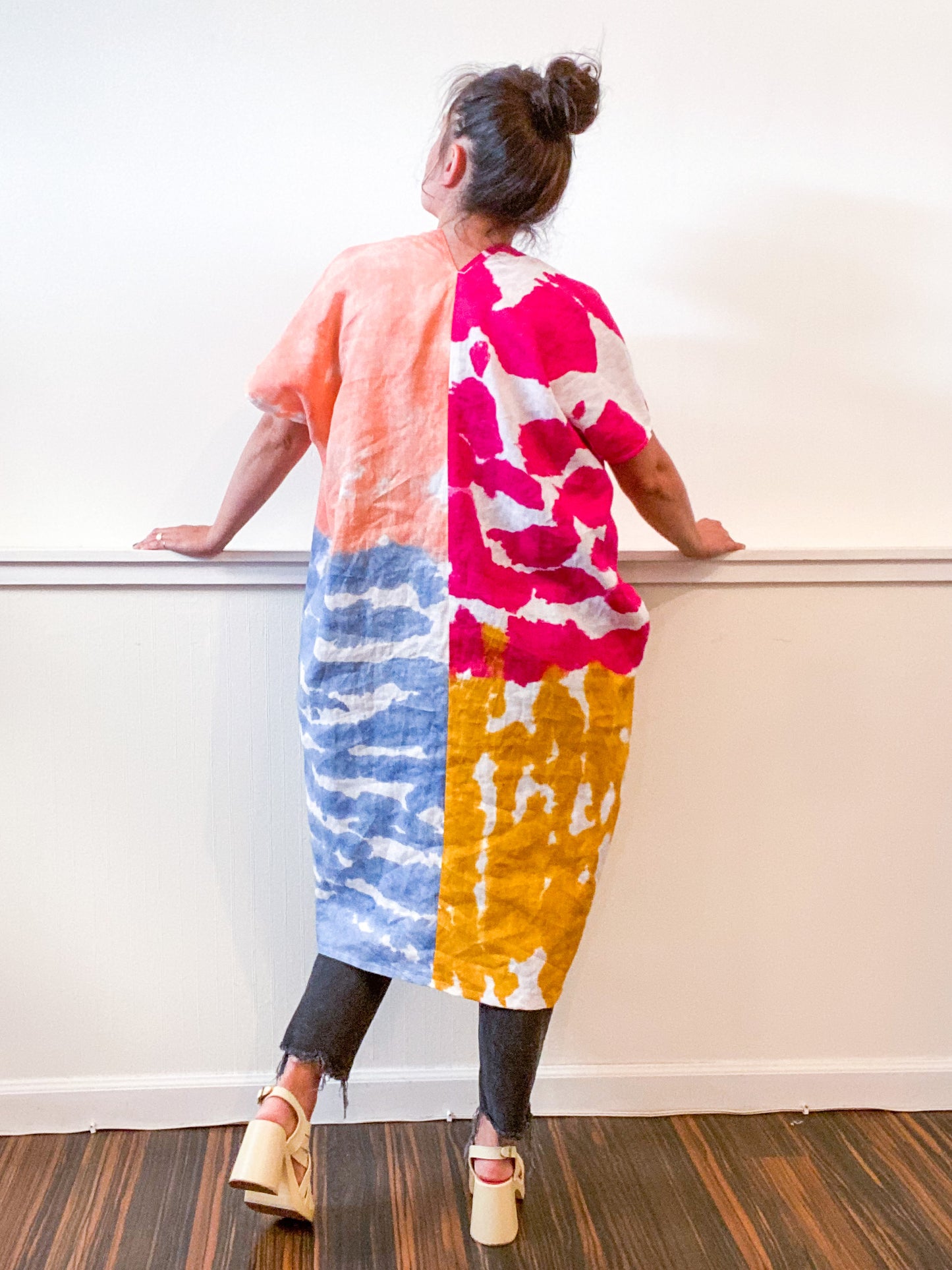 Hand-Dyed Linen Smock Dress Four-Tone