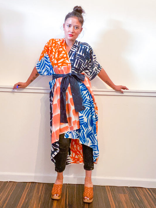 Limited Edition Hand-Dyed High Low Kimono Teal Cerulean Coral Orange