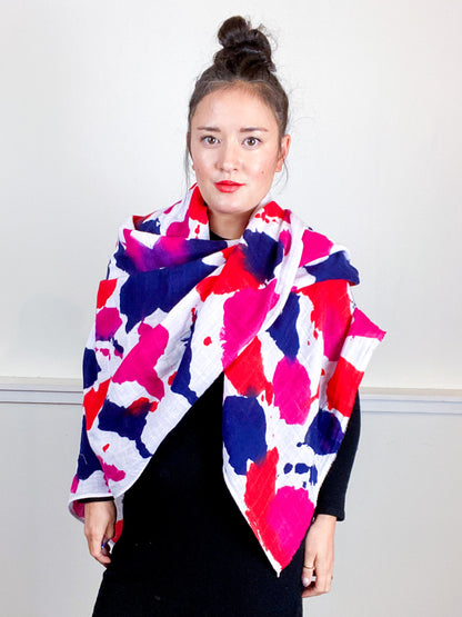 Hand-Dyed Large Square Scarf Fuchsia Scarlet Navy