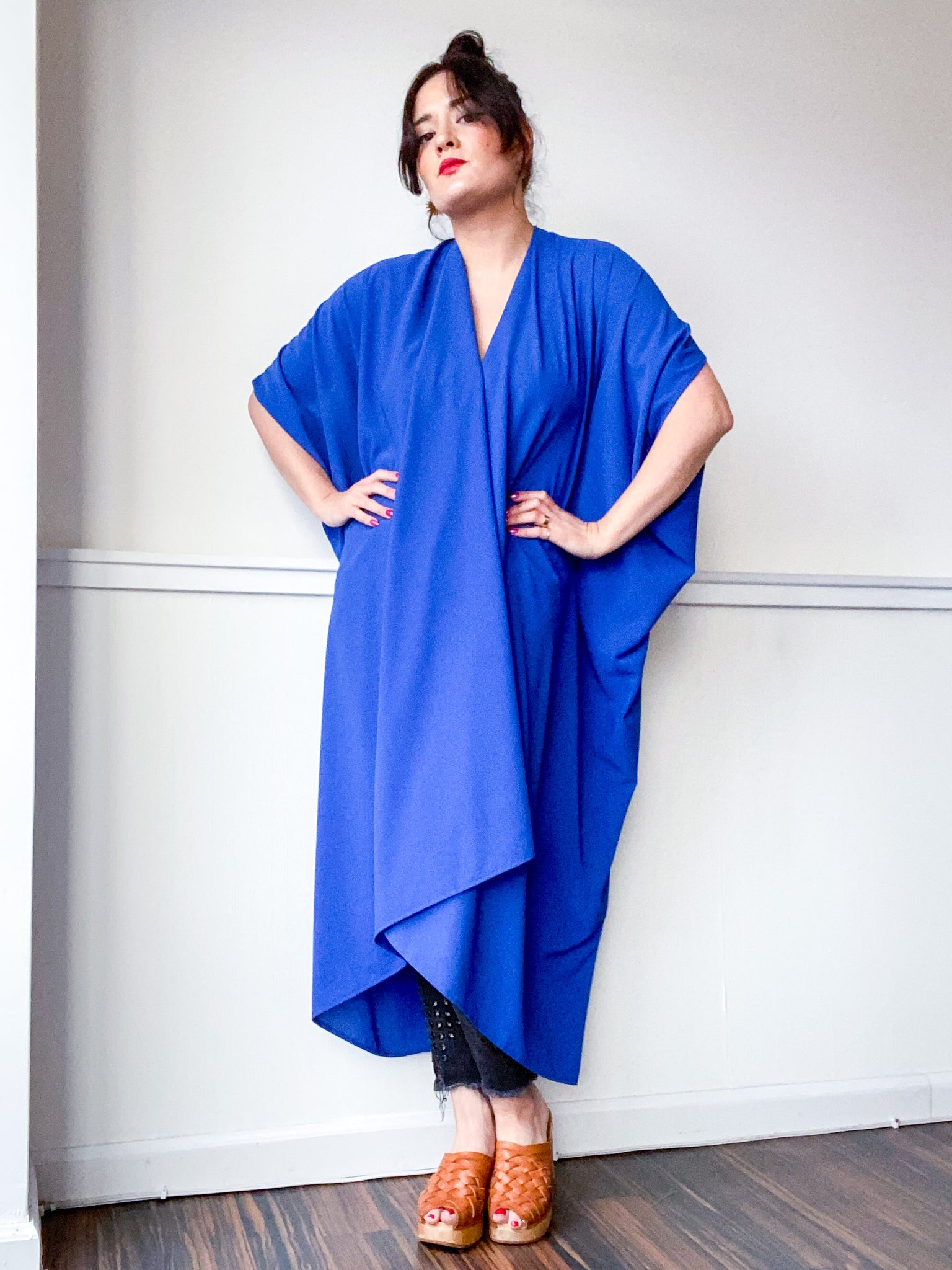 Print High Low Kimono Solid Blue