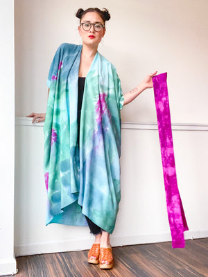 Limited Edition Hand-Dyed High Low Kimono Amethyst Teal Green
