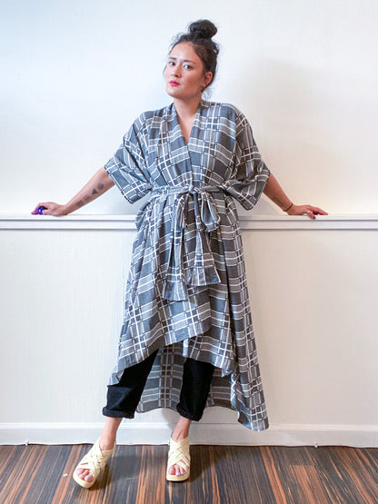 Print High Low Kimono Houndstooth Plaid Rayon