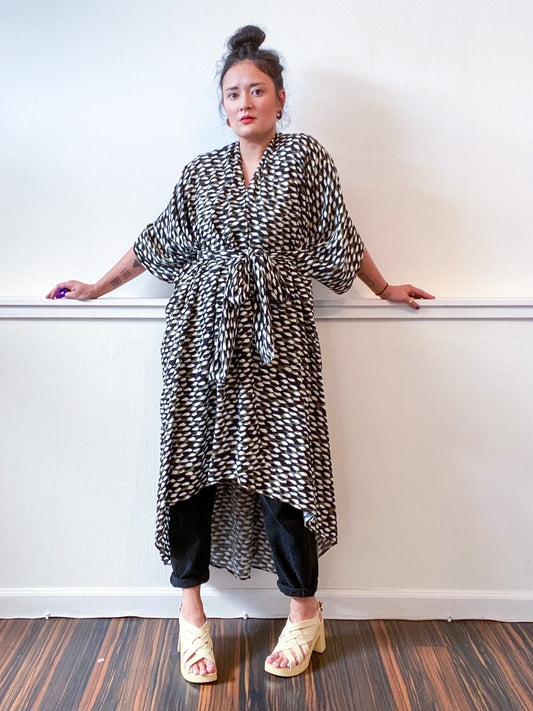 Print High Low Kimono Black Olive Snake Rayon Challis