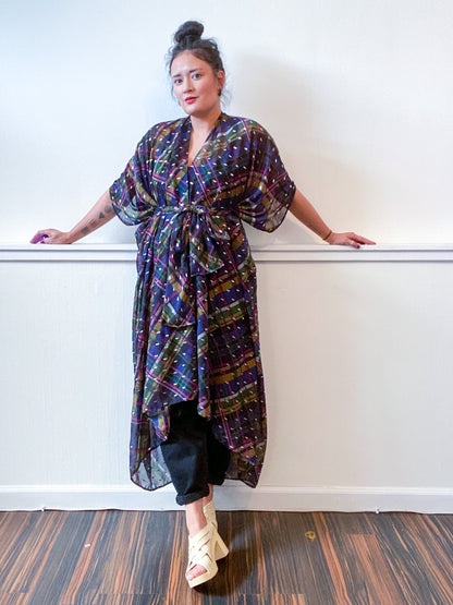 Print High Low Kimono Black Silver Plaid Chiffon