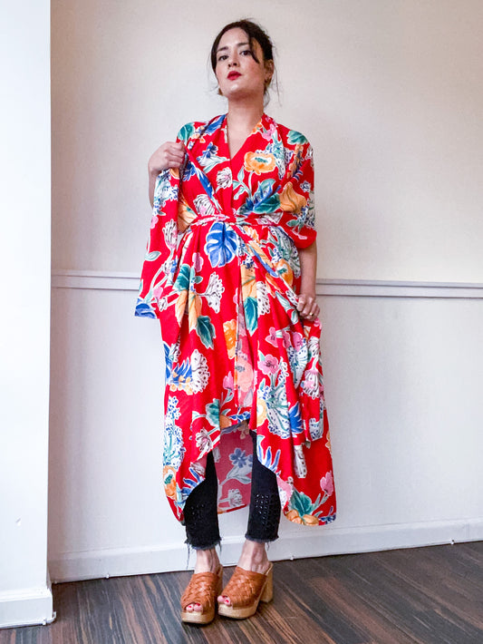 Print High Low Kimono Red Tropical