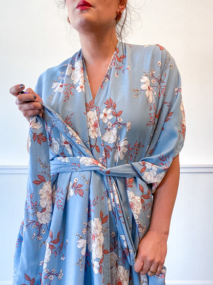 Print High Low Kimono Baby Blue Floral Rayon Challis