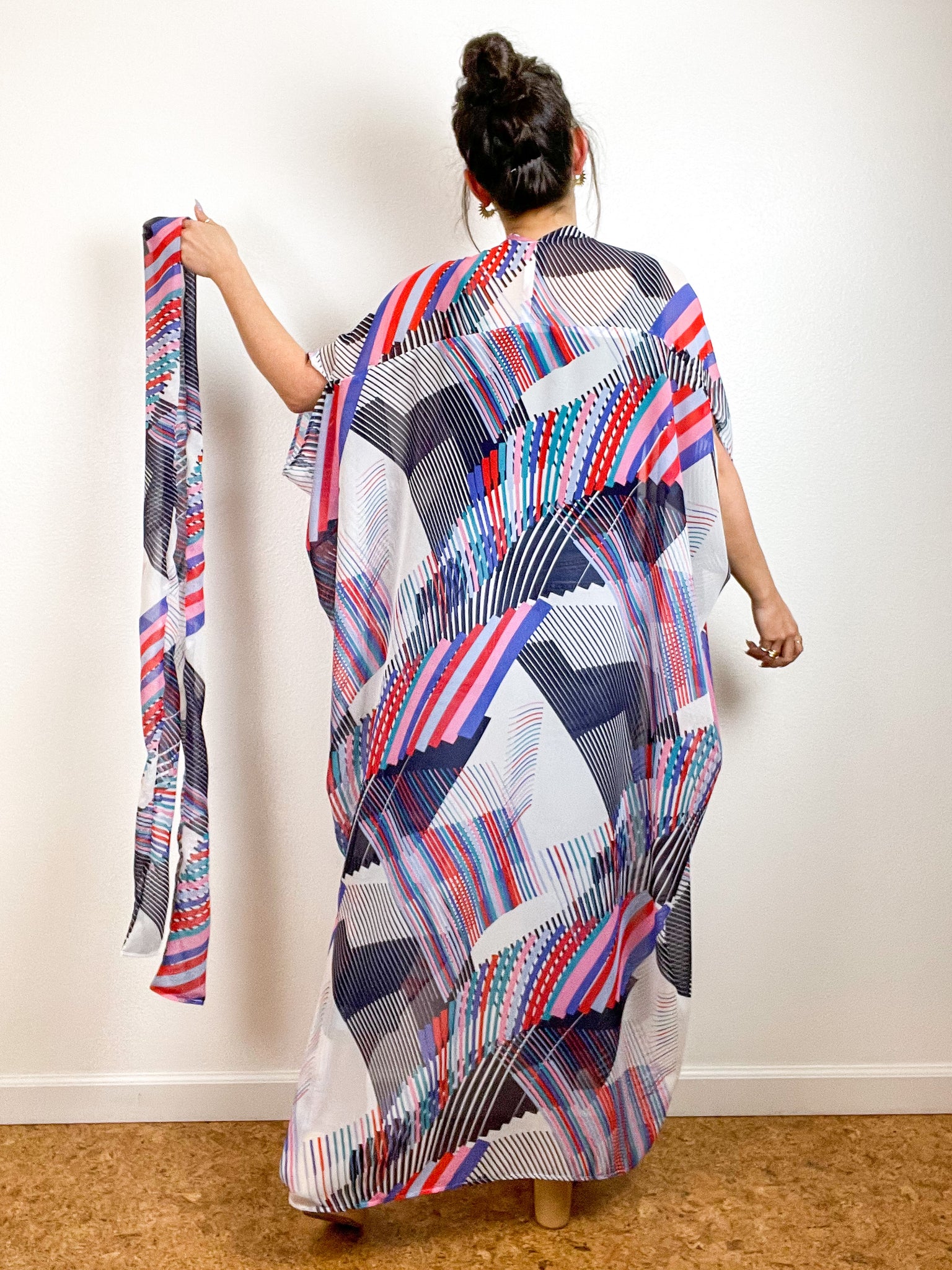 Print High Low Kimono Graphic Diagonals Chiffon