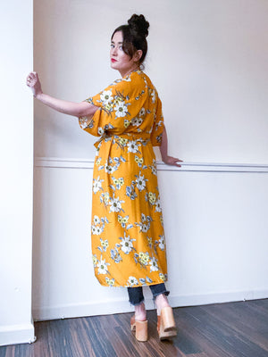 Print High Low Kimono Mustard Floral