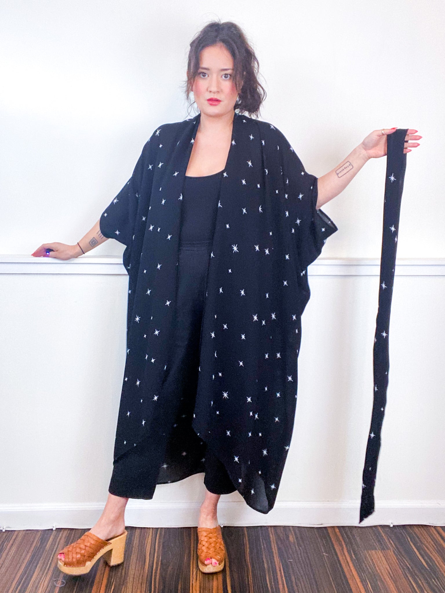 Print High Low Kimono Black Starlight Georgette