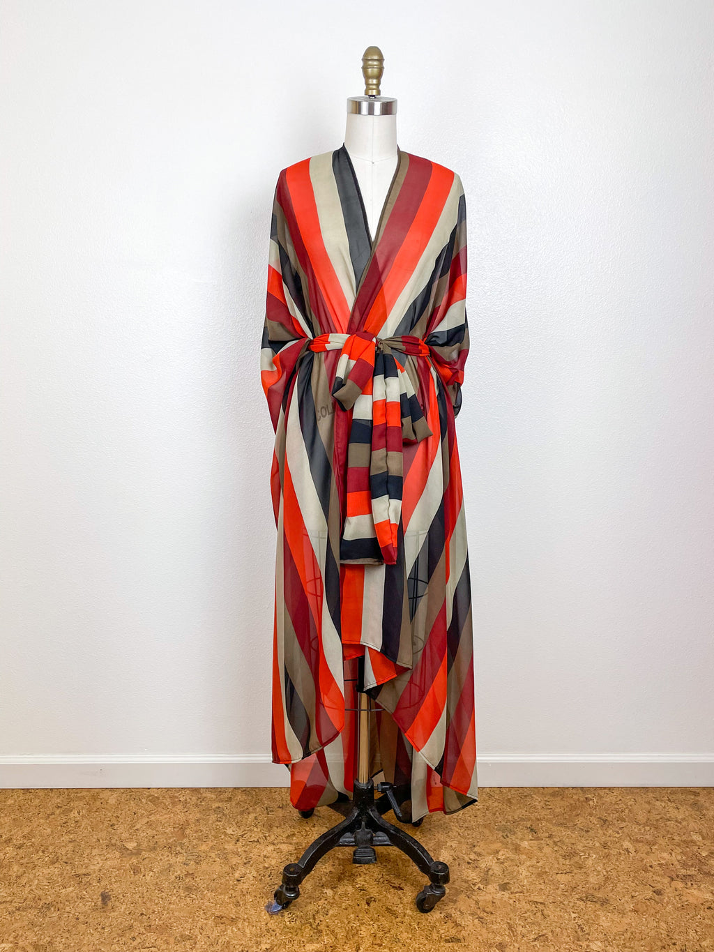 Print High Low Kimono 70s Stripe Chiffon