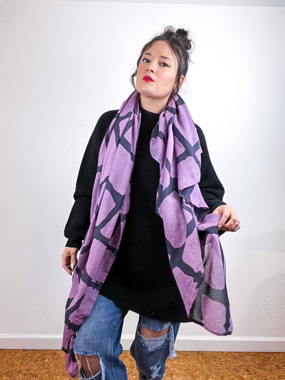 Hand-Dyed Cotton Voile Scarf Lilac Black Windowpane
