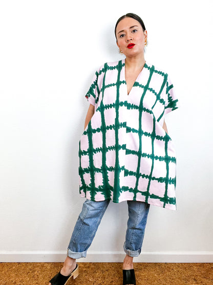 Hand-Dyed Mini Smock Dress Blush Green Windowpane