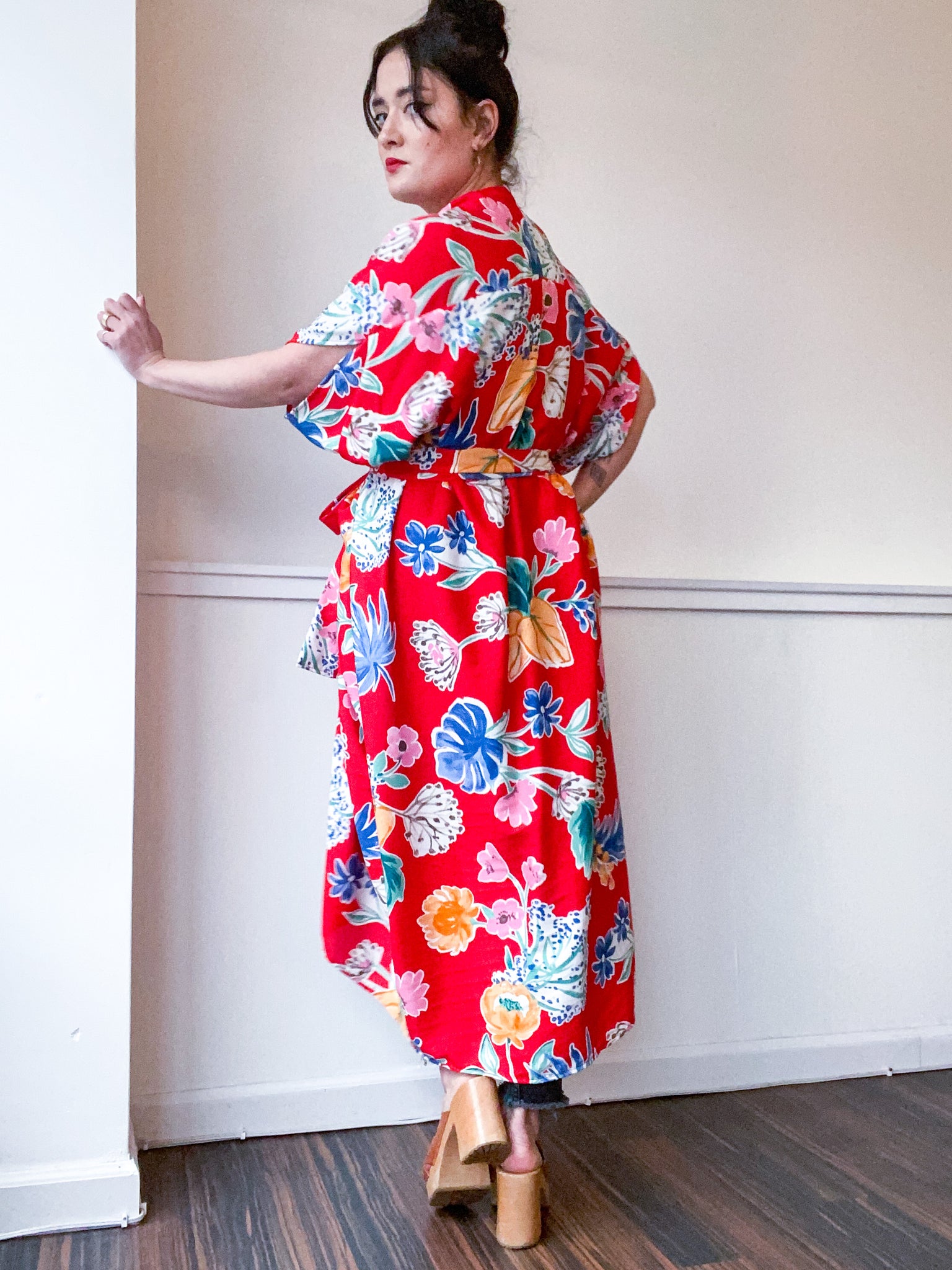Print High Low Kimono Red Tropical