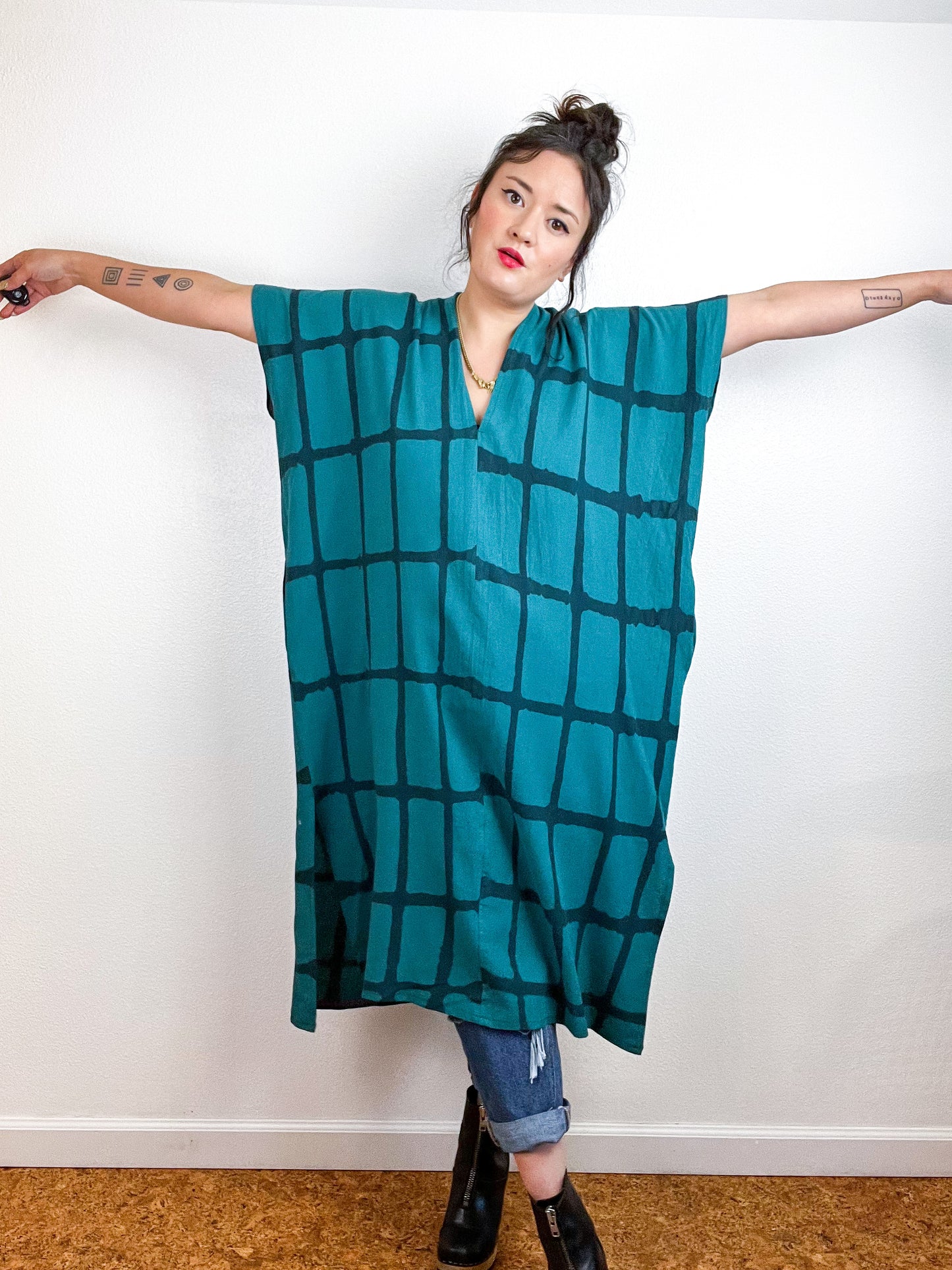 Hand-Dyed Midi Smock Dress Teal Black Windowpane