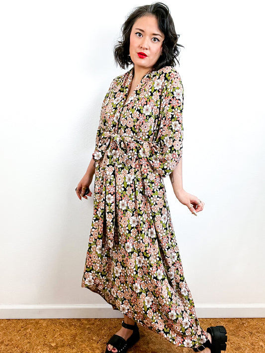 Print High Low Kimono Black Peach Green Floral Challis
