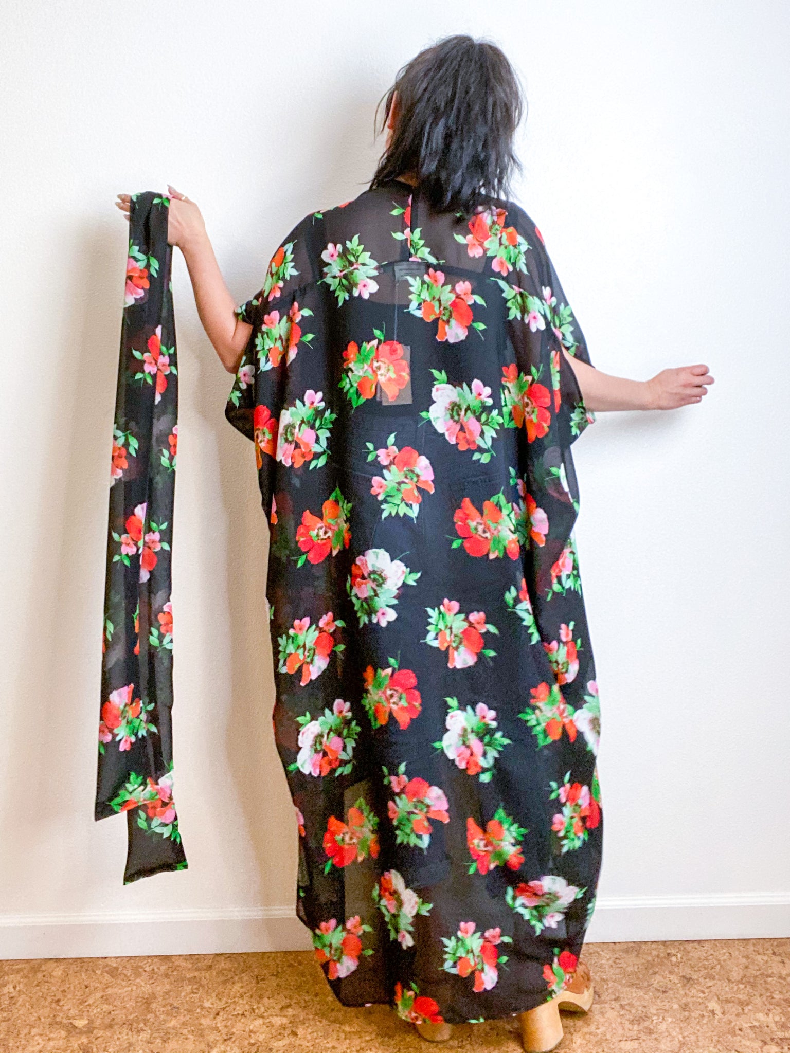 Print High Low Kimono Black Poppies Chiffon