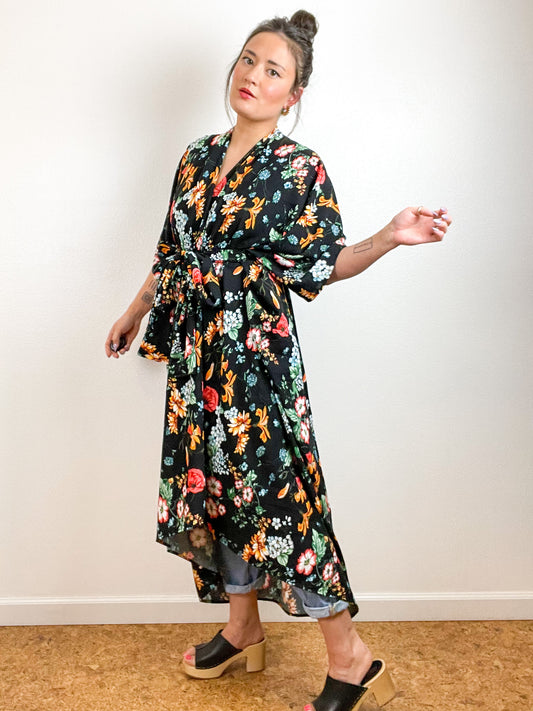 High Low Kimono Black Botanical Rayon Challis