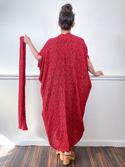 Print High Low Kimono Black Red Mini Floral Challis