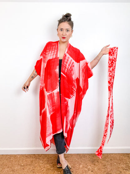 Hand-Dyed High Low Kimono Blush Scarlet Brushstroke