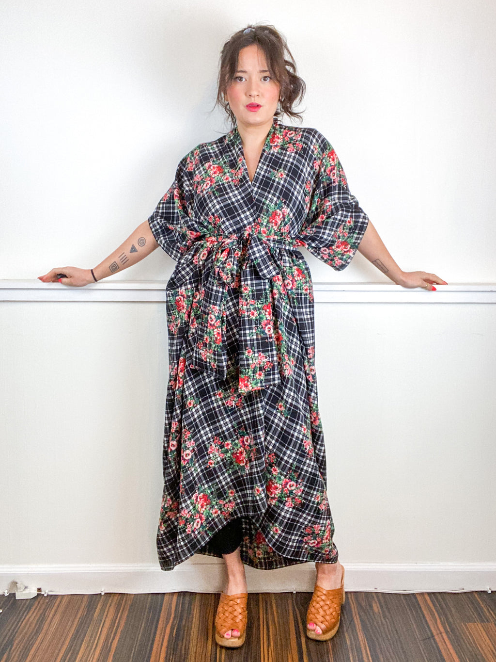 Print High Low Kimono Floral Plaid Bubble Crepe