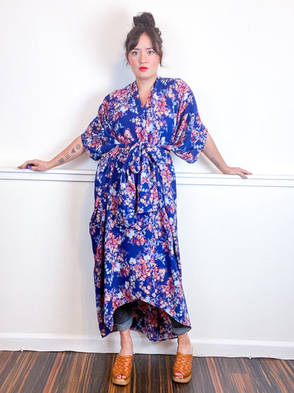 Print High Low Kimono Navy Wildflower Bubble Crepe