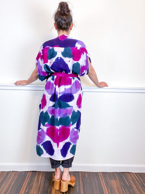 OOAK Hand-Dyed High Low Kimono Orchid Amethyst Indigo Kingfisher Inkblot