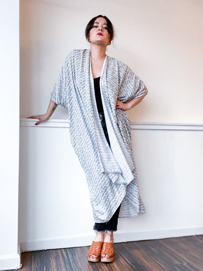 Print High Low Kimono White Black Herringbone
