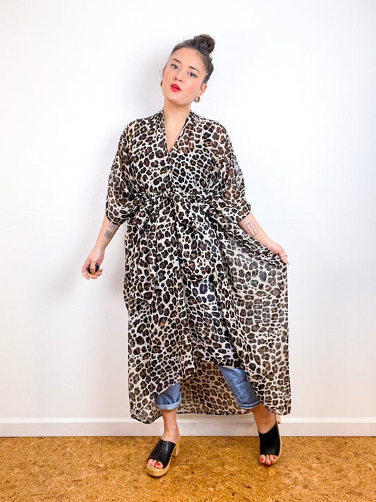 Print High Low Kimono Leopard Chiffon